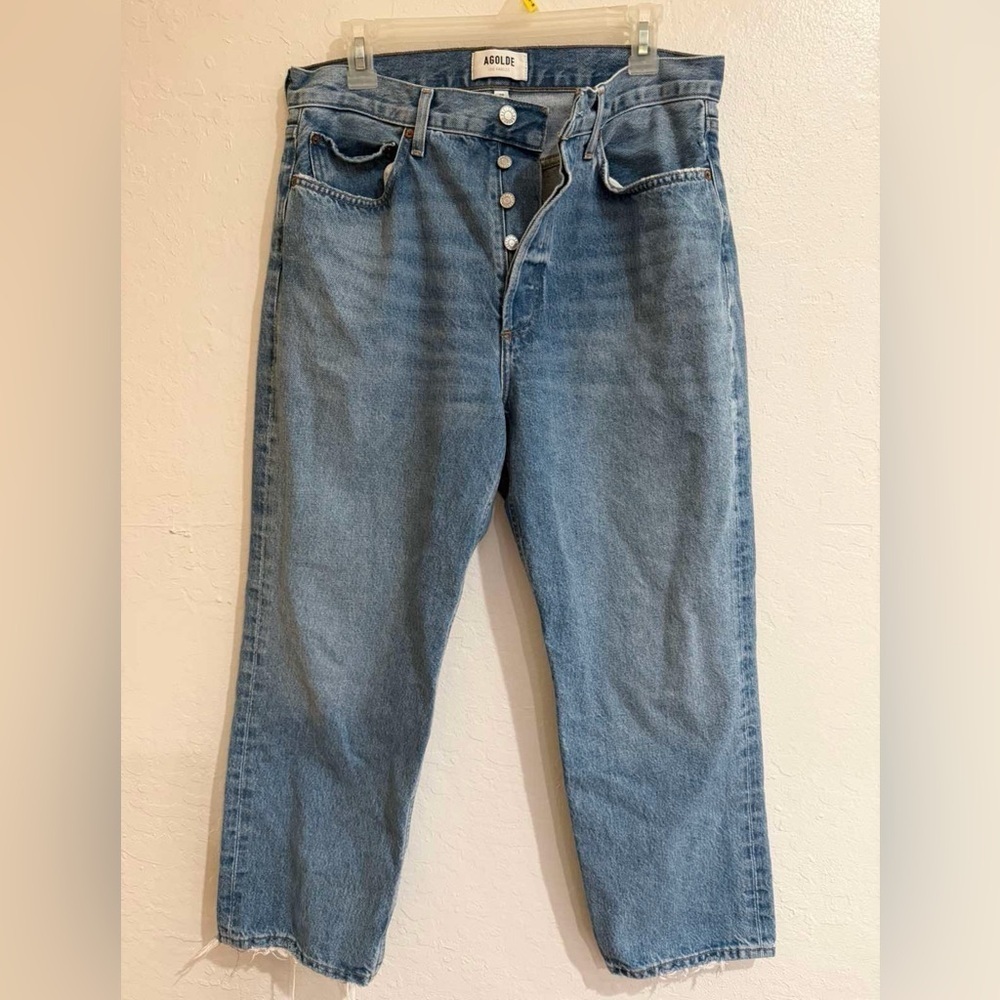 AGOLDE Blue Button Fly Cotton Distressed Hem Straight Denim Jeans size 29
